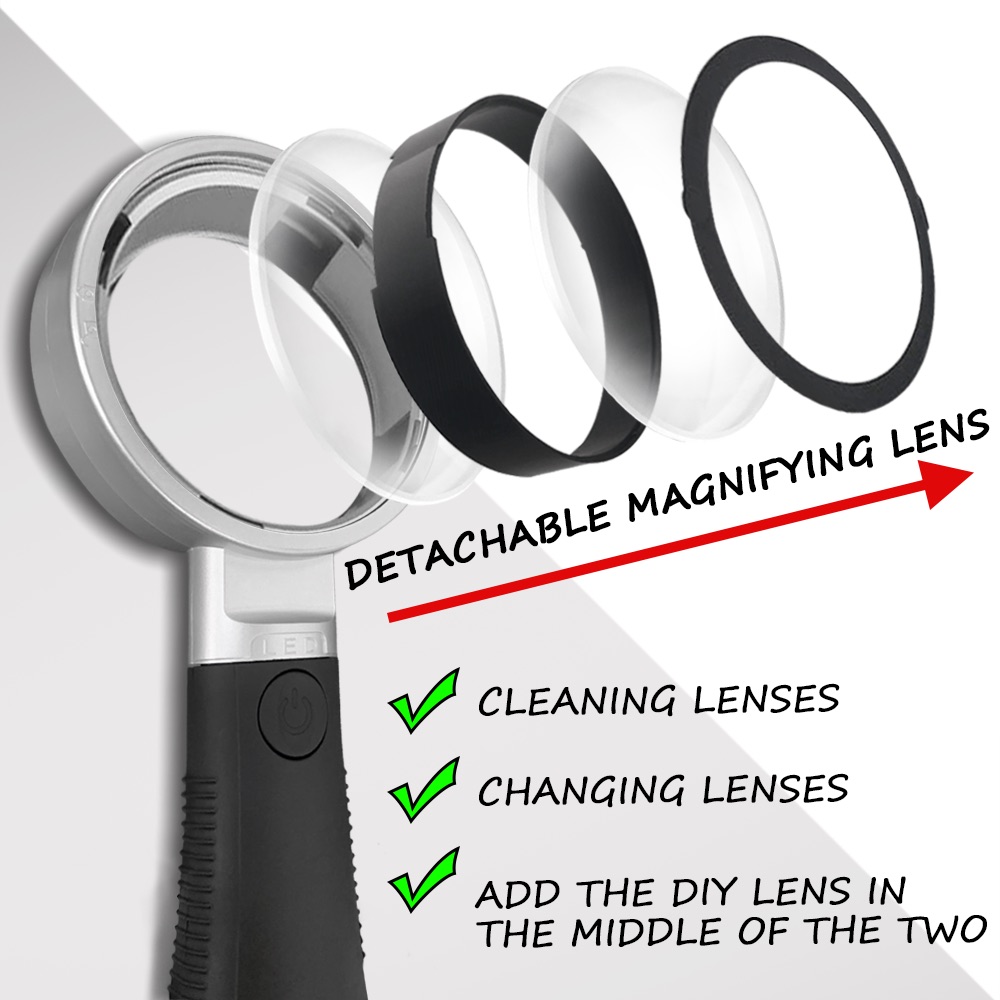10X Lighted Magnifying Glass with Ergonomic Standing Handle detachable dual high quality optical grade acrylic magnifying lens