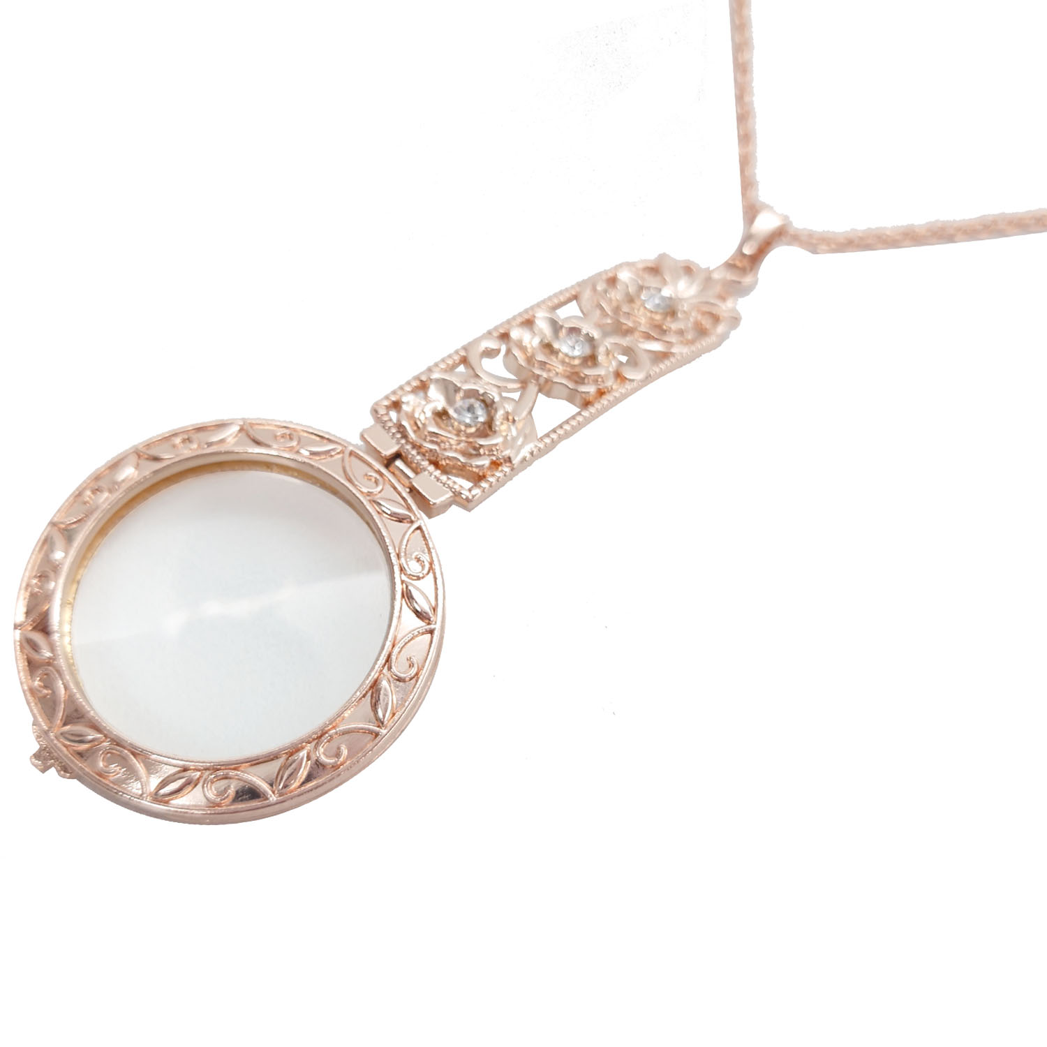 rose gold handle necklace with magnifying glass pendant