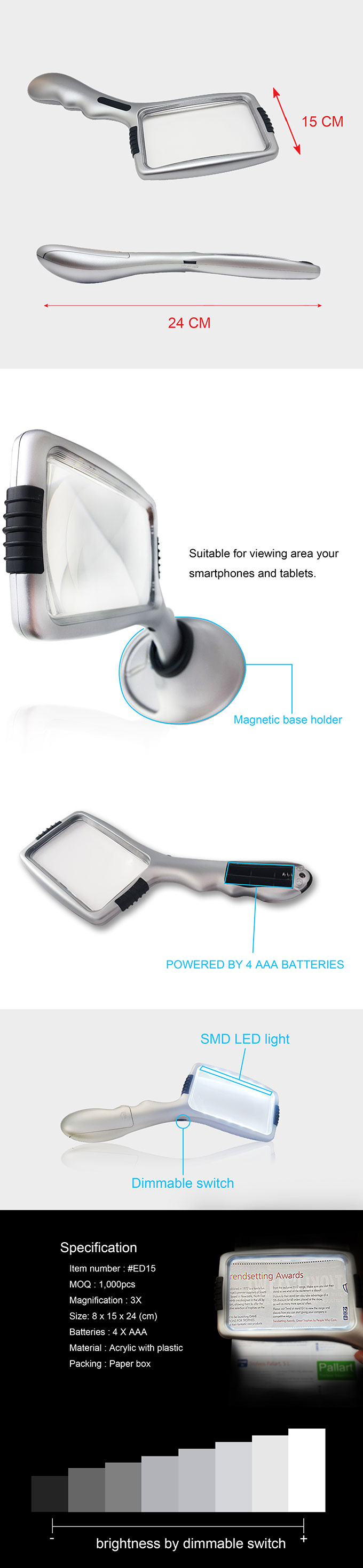 SMD LED handheld magnifier.jpg ergonomic handle magnifier light with magnetic base holder